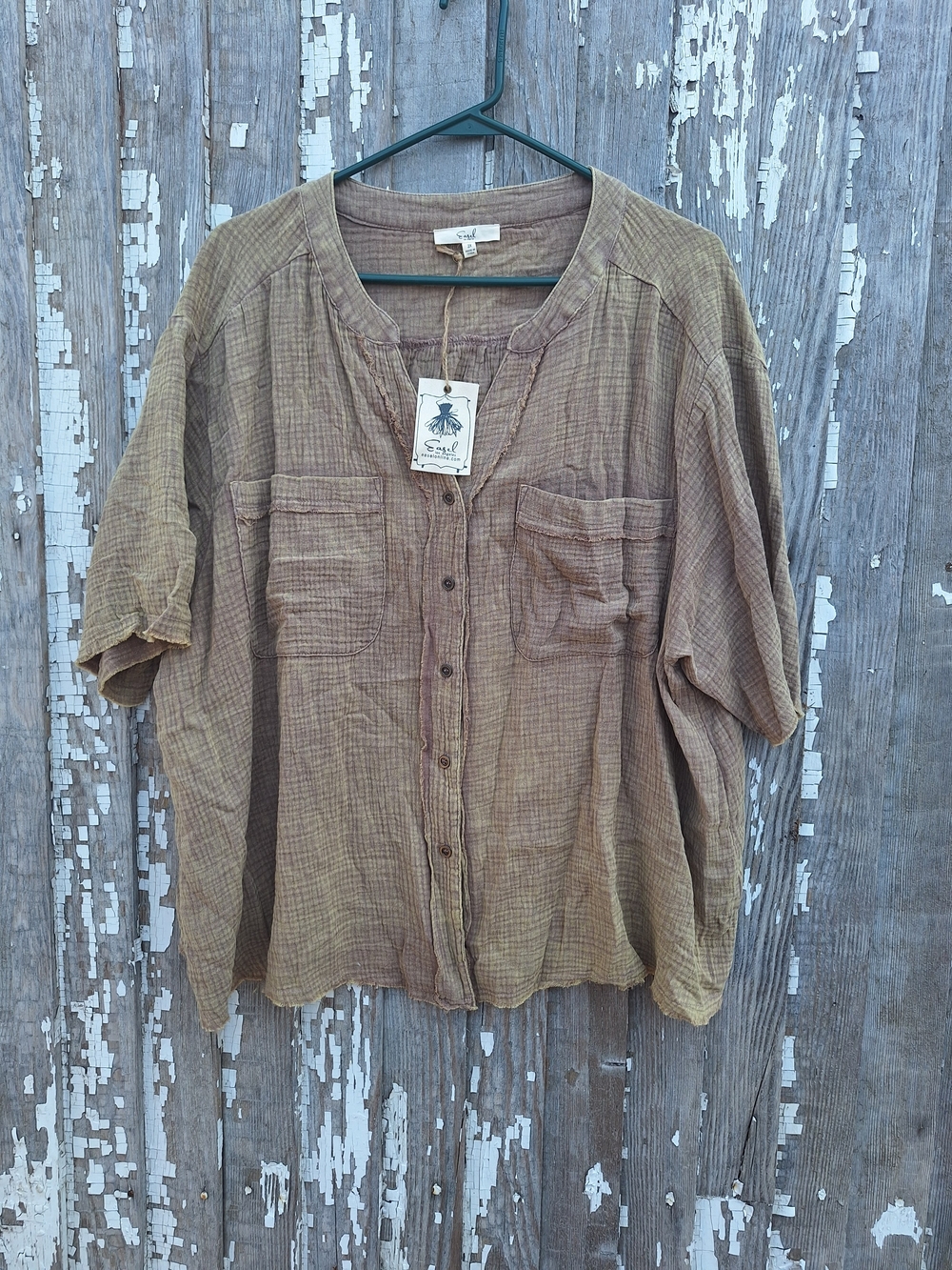 easel Lightweight Washed Brown Button Front Blouse Size 2X NWT